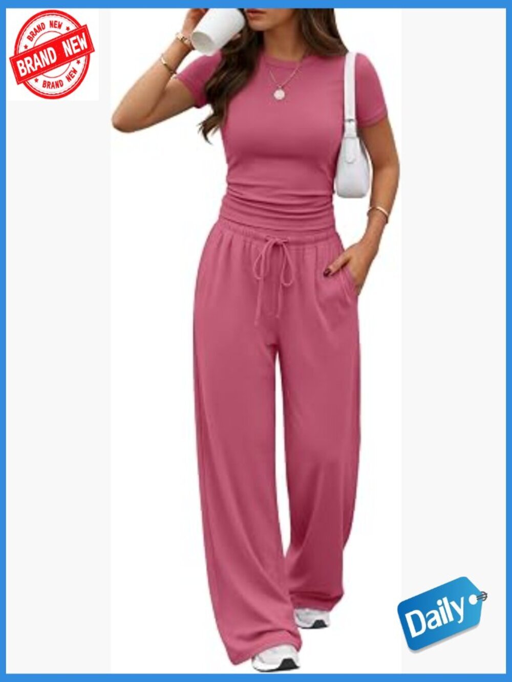 2 Piece Matching Lounge Set Side Ruching Top Wide Leg Pants with Pockets